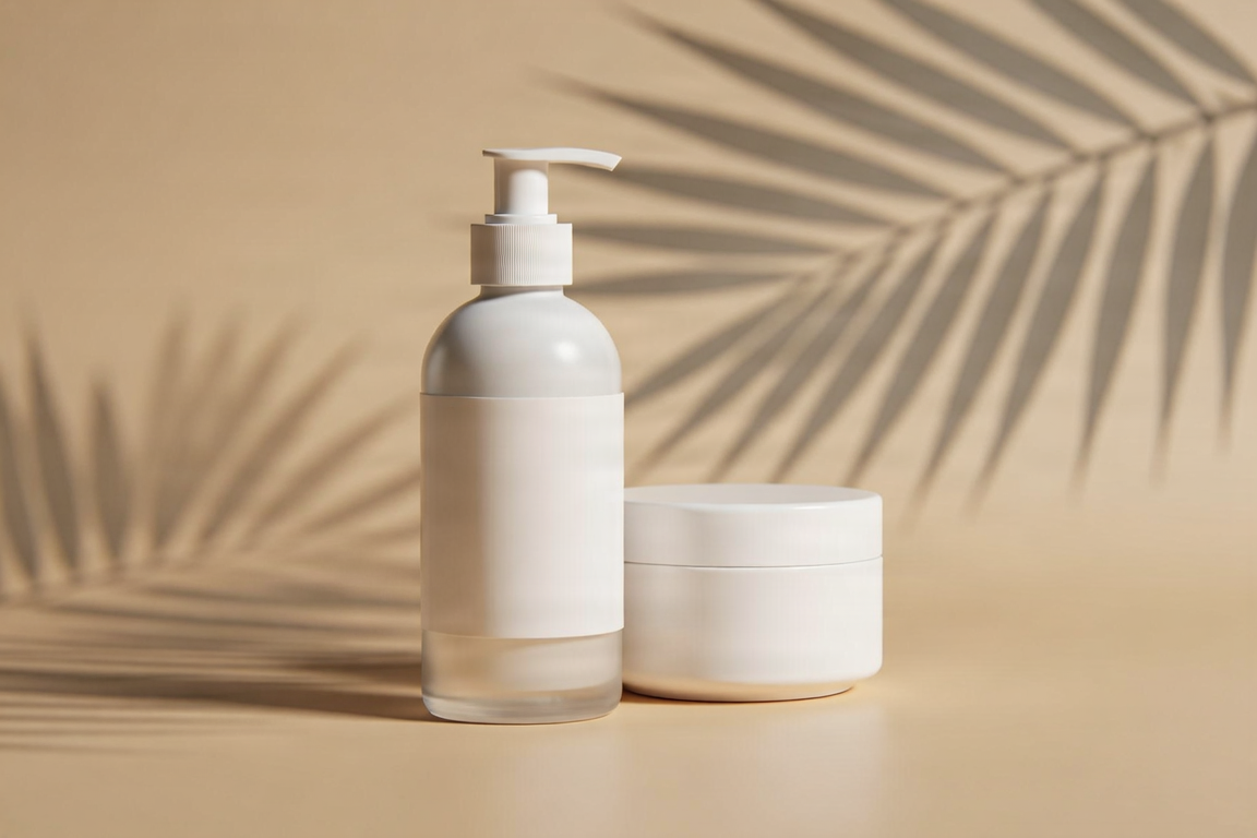 Skincare products on a neutral background with soft lighting