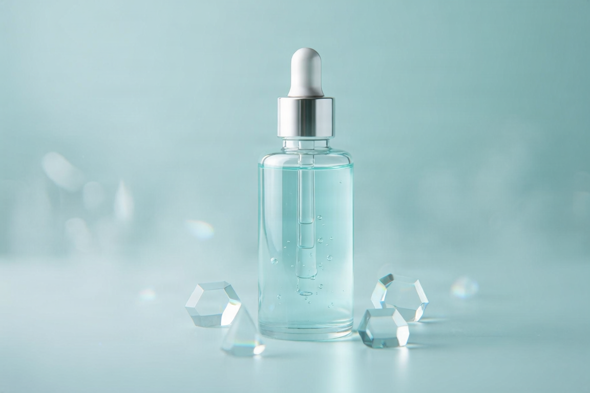 Skincare serum bottle in a misty, ethereal setting
