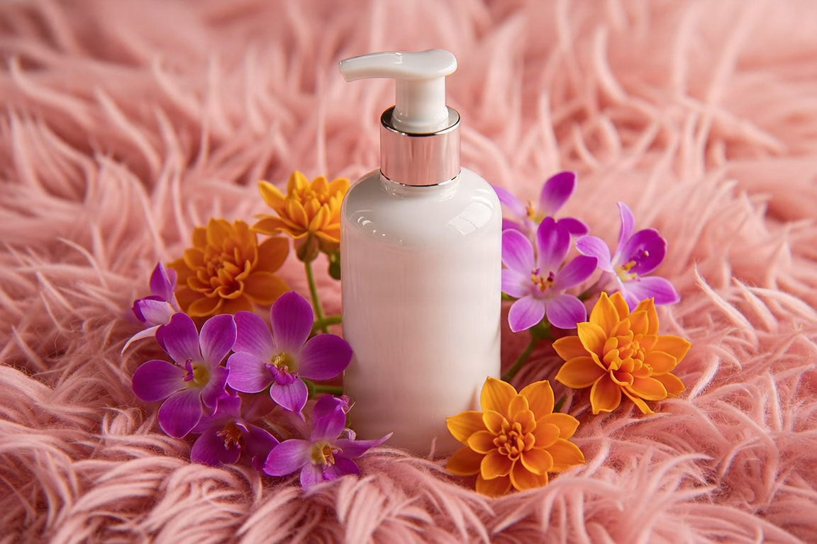 Skincare bottle surrounded by flowers on a soft pink surface